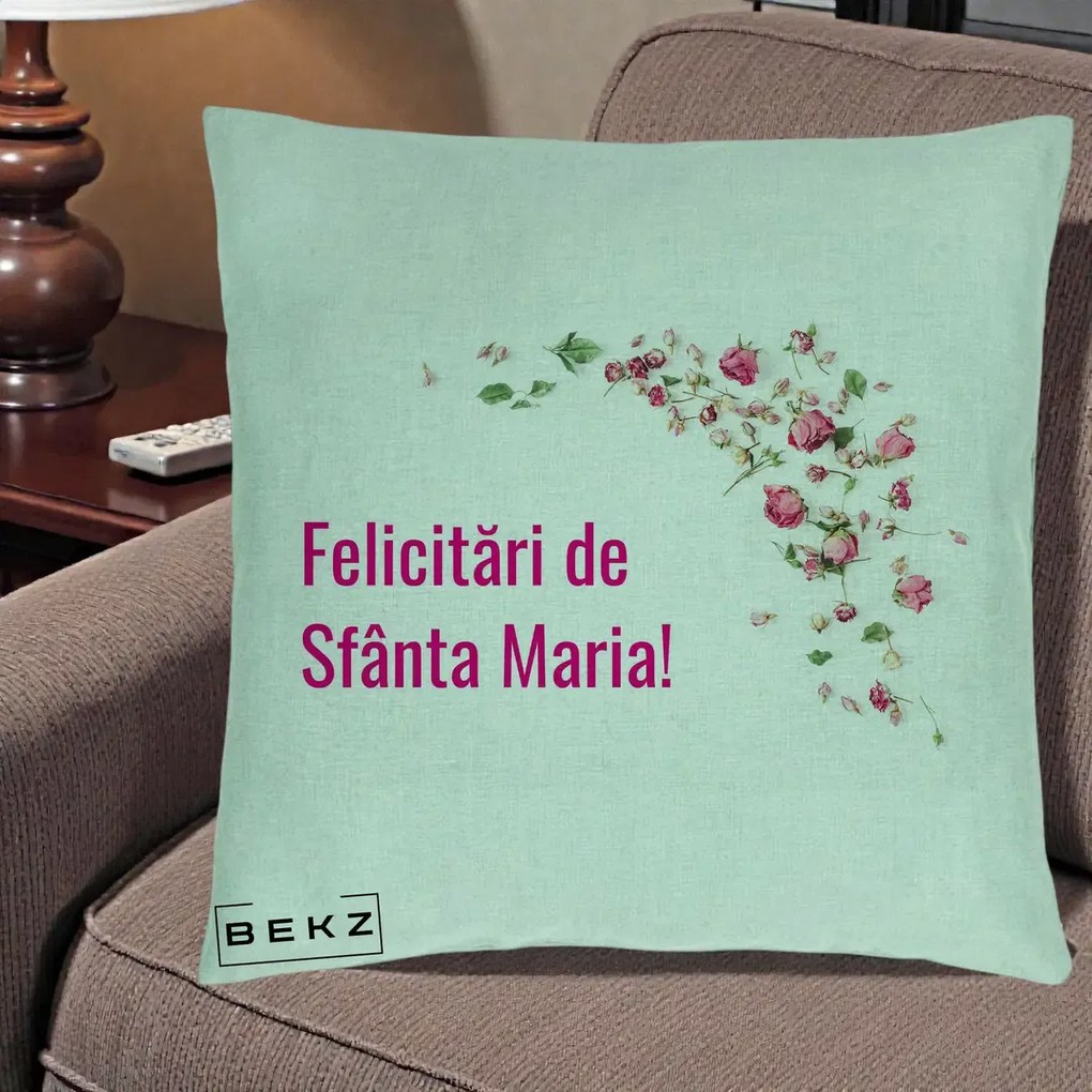 Cadou de Onomastica - Perna Personalizata Felicitari de Sfanta Maria, 40x40 cm, Verde Menta, Husa Detasabila, Perna Inclusa, BEKZ®
