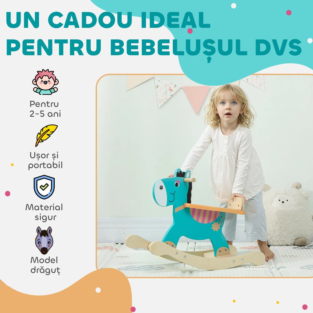 AIYAPLAY Cal de Lemn în Formă de Măgar pentru Copii cu Bază Largă, din Lemn, 59x27x43 cm, Verde Închis și Portocaliu | Aosom Romania