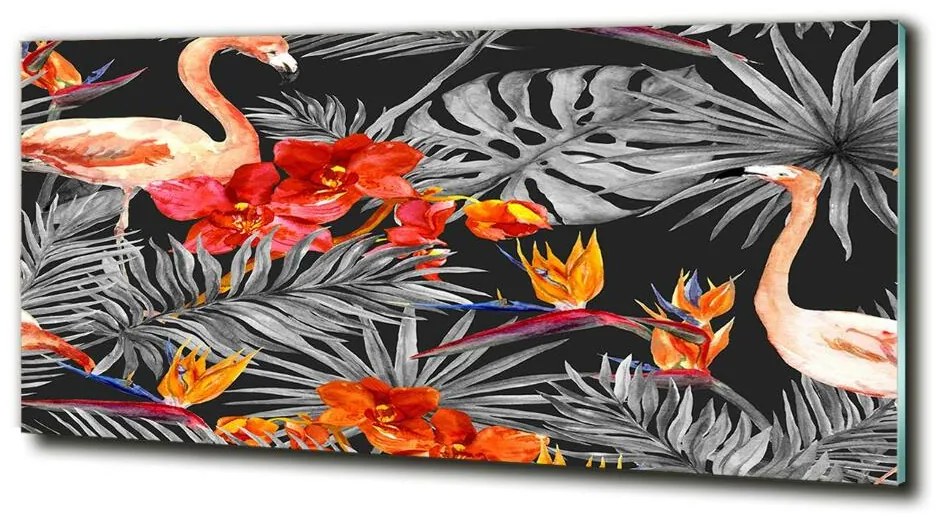 Tablou sticlă Flamingos și flori