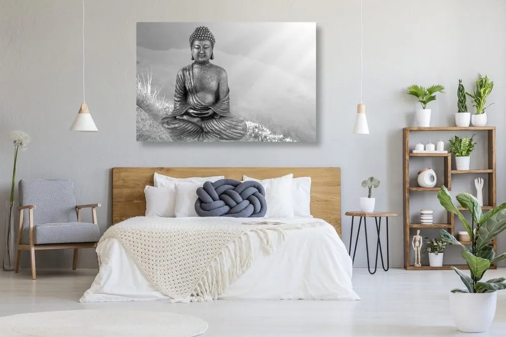 Tablou statuia Buddha într-o poziție de meditație în design alb-negru