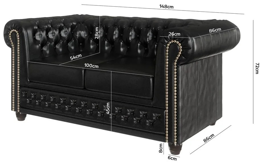 Canapea neagră cu tapițerie din imitație de piele 148 cm York – Ropez