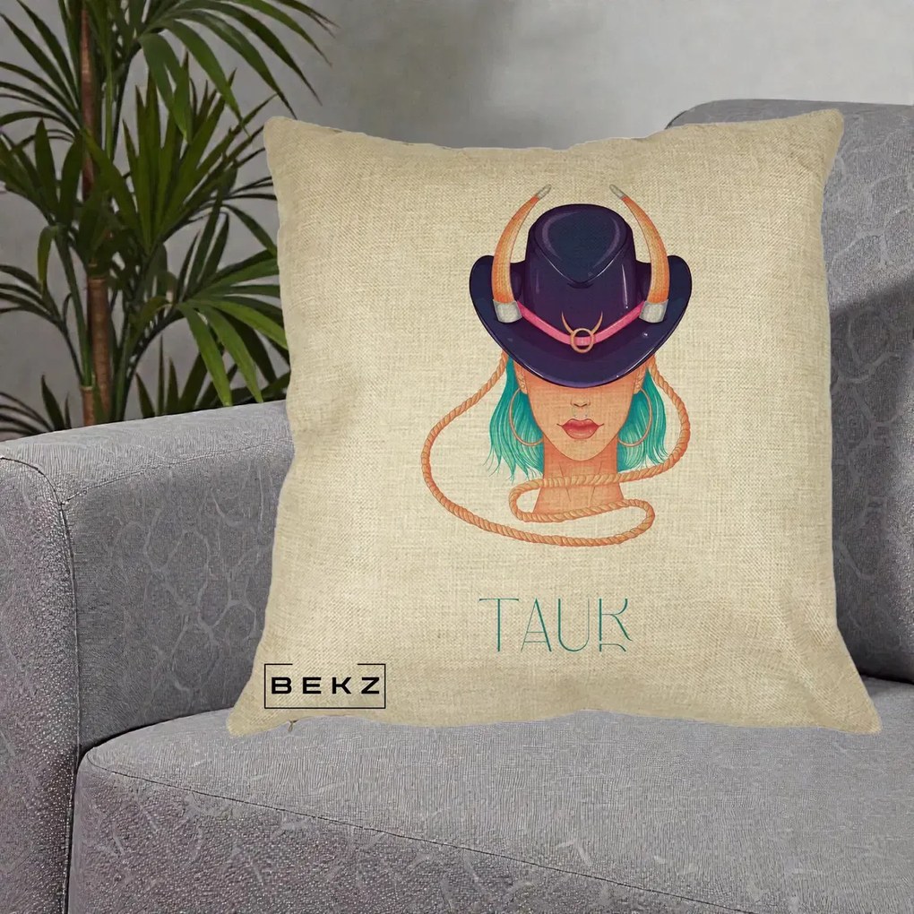 Perna Personalizata Zodie Taur, 40x40 cm, Crem, Husa Detasabila, Perna Inclusa, BEKZ®