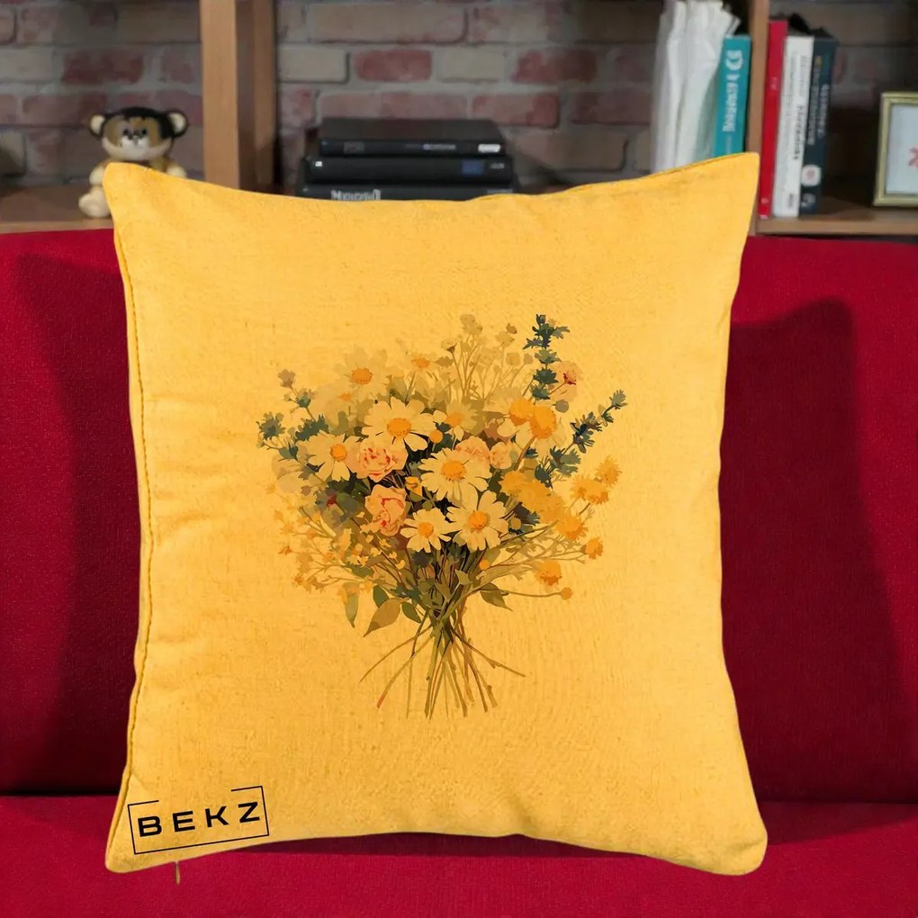 Perna Decorativa Buchet Camp Acuarela Margarete-Lavanda, 40x40 cm, Galben, Husa Detasabila, Perna Inclusa, BEKZ®