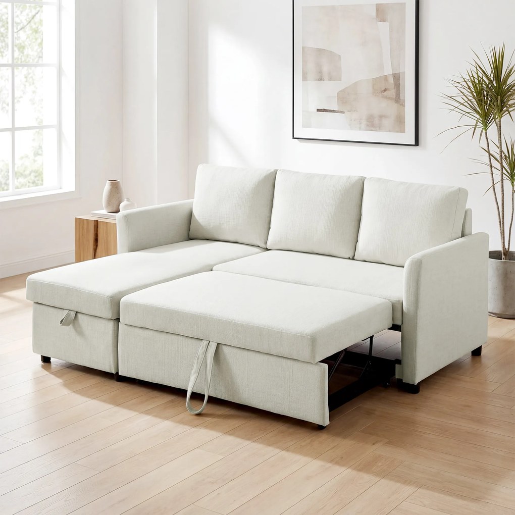 HOMCOM Divan Extensibil pentru 3 Persoane cu Șezlong Convertibil, Divan Rabatabil cu Compartiment de Depozitare și 3 Perne Detașabile, Material Textil cu Efect de In, Living, 192x148x86cm, Crem | Aosom Romania