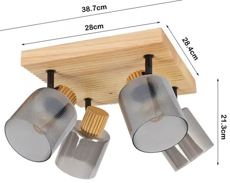 Brilagi - Plafonieră cu spoturi HYGGE, 4 x E14 / 15 W / 230 V, lemn de hevea / fumuriu