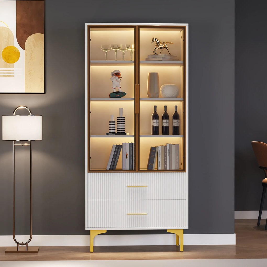 Vitrină Elegantă din Sticlă, cu Picioare Aurii și Rafturi Reglabile, Iluminare LED Multicoloră, potrivită pentru living, birou, 70x35x150 cm, Albă