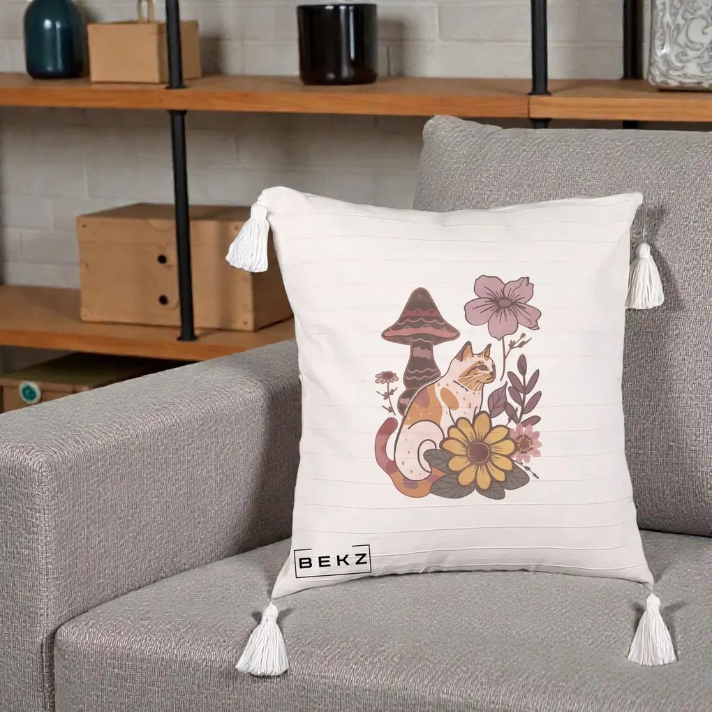 Perna Decorativa Pisica Vintage Florala Boho, 40x40 cm, Bej cu Franjuri, Husa Detasabila, Perna Inclusa, BEKZ®