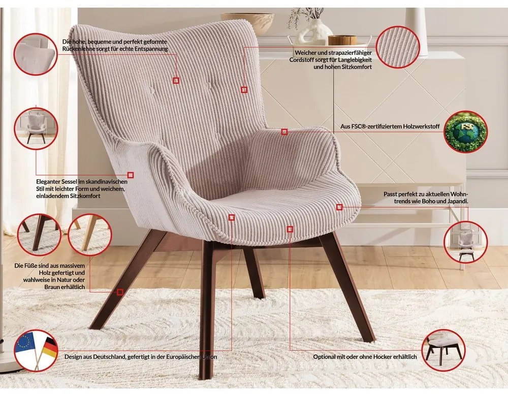 Fotoliu roz deschis cu tapițerie din catifea reiată Niko – Ropez