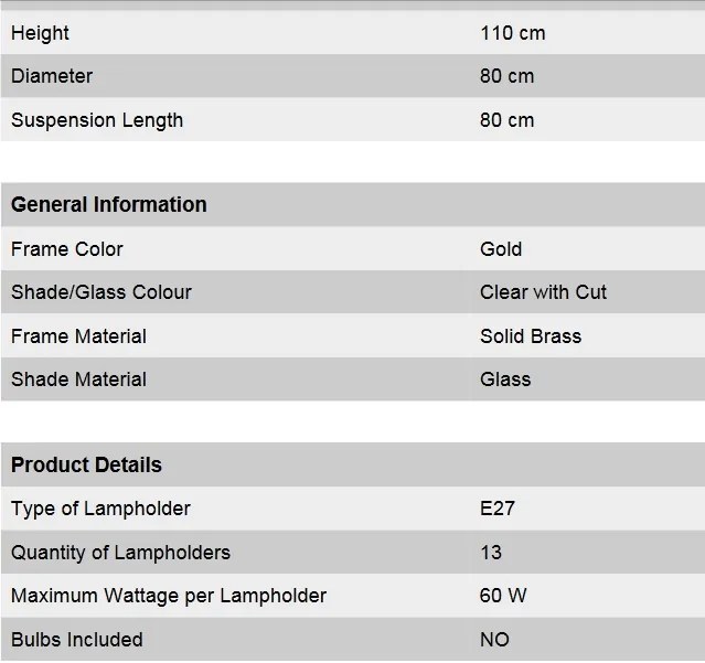 Candelabru cu 13 brate, elegant design LUX Budapest, auriu LU 1440/8+4+1 gold/411 klar-Schliff OR
