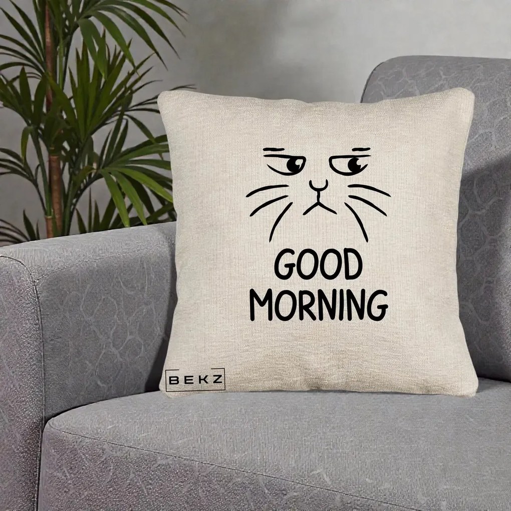 Perna Decorativa Pisica Morocanoasa Good Morning, 40x40 cm, Bej Canapea, Husa Detasabila, Perna Inclusa, BEKZ®
