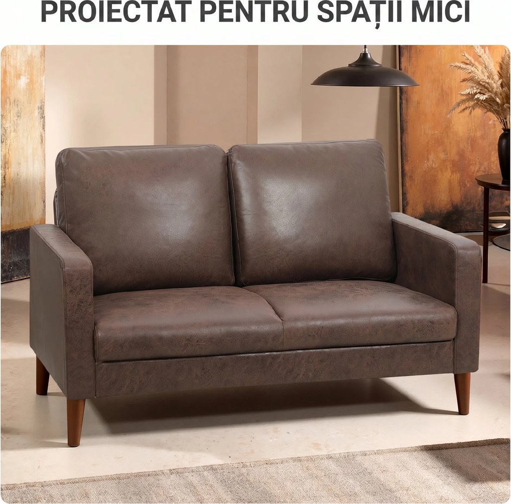 HOMCOM Divan cu 2 Locuri în Material Textil Efect Piele și Picioare din Lemn Maro | Aosom Romania