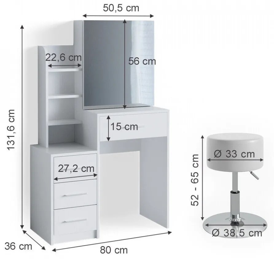 SEA387 - Set Masa alba toaleta 80 cm cosmetica machiaj, oglinda cu sau fara LED, masuta vanity