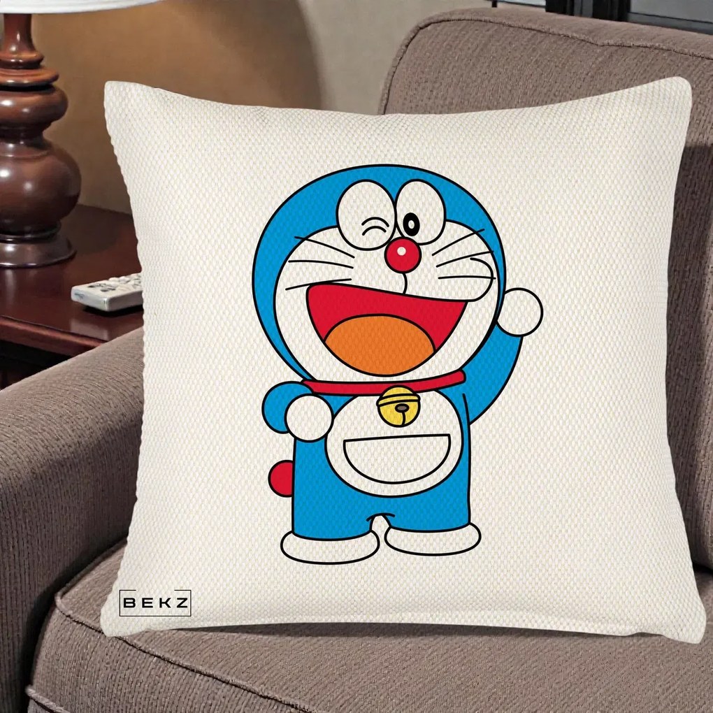 Perna Personalizata Doraemon Salutand, 40x40 cm, Crem Reliefat, Husa Detasabila, Perna Inclusa, BEKZ®