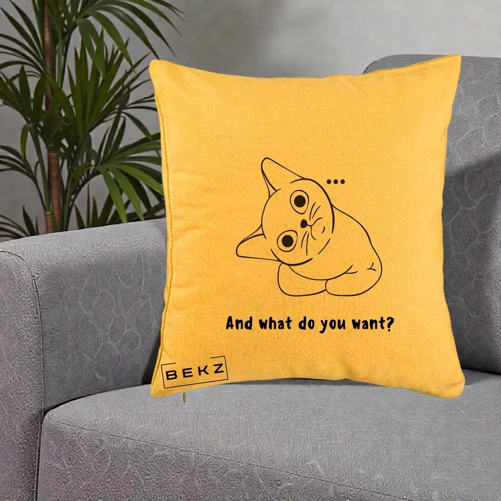 Perna Decorativa And What Do You Want Cat, 40x40 cm, Galben, Husa Detasabila, Perna Inclusa, BEKZ®
