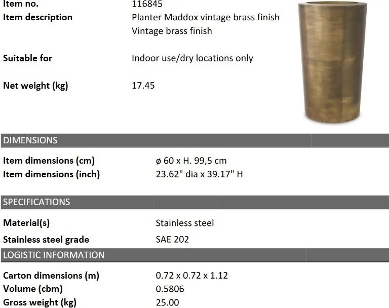 Ghiveci, Vas decorativ din otel inoxidabil Maddox alama vintage