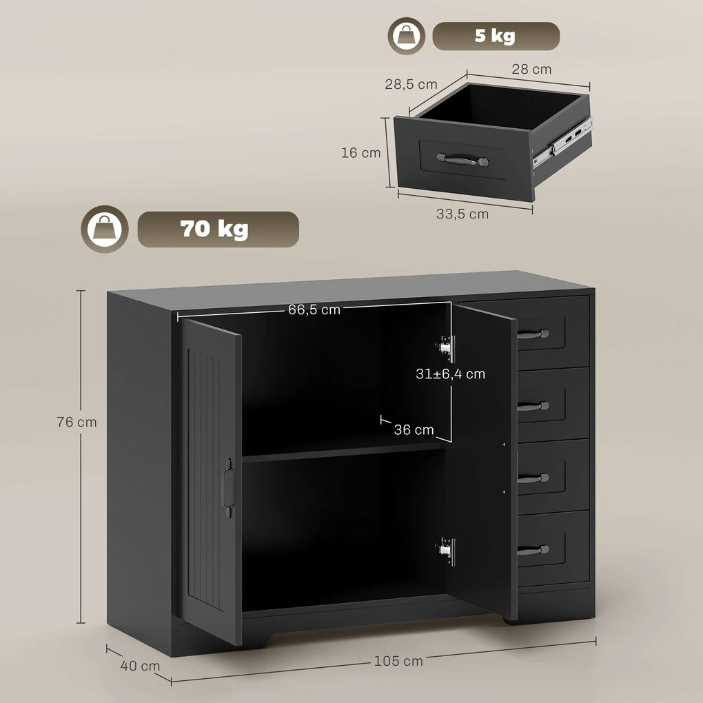 HOMCOM Sideboard, Cufăr, stil modern, 4 sertare, 1 dulap, 105 x 40 x 76 cm, Negru | Aosom Romania