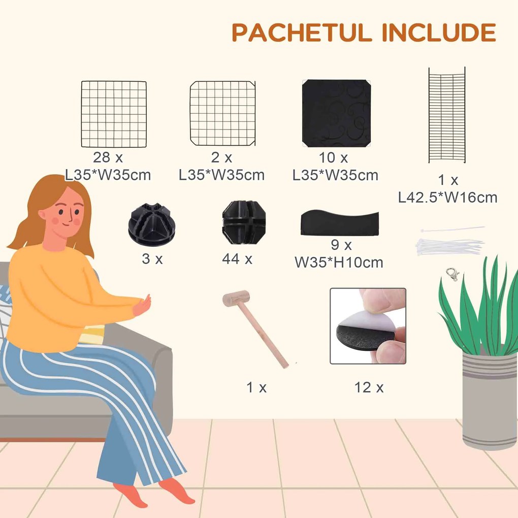 PawHut Țarc Modular pentru Animale de Talie Mică, cu Panouri și Accesorii, 105x70x116 cm, Negru | Aosom Romania