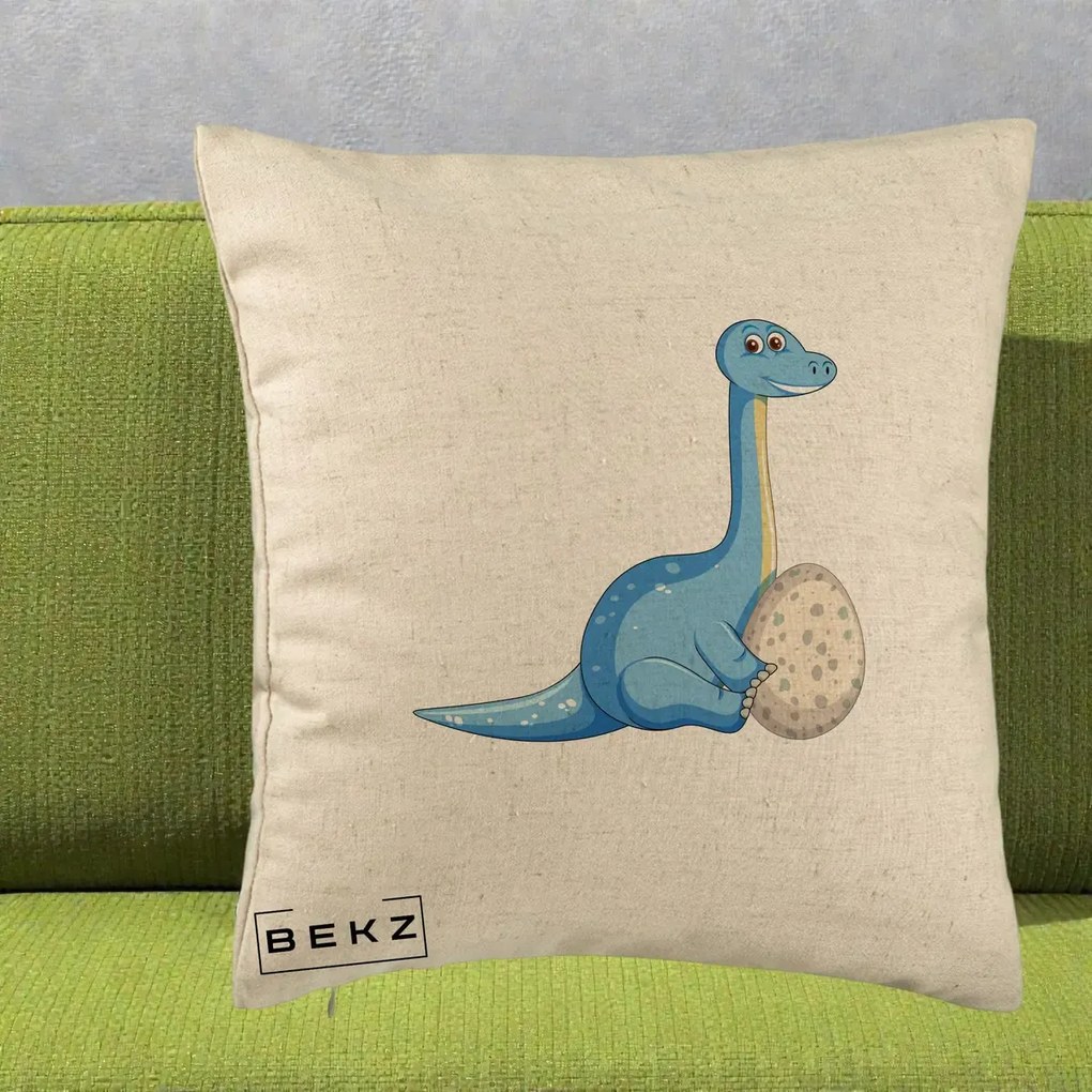 Perna Decorativa Brontosaur cu Ou, 40x40 cm, Bej, Husa Detasabila, Perna Inclusa, BEKZ®