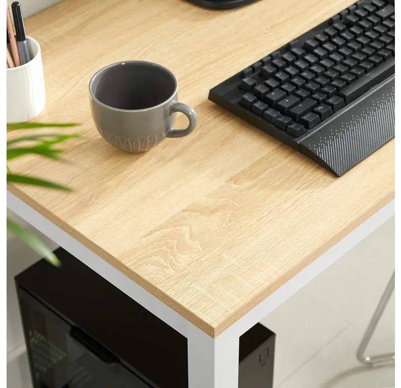 Set de dining 1 + 4, masa alba TESSA 120x60 cm decor stejar + scaun bej BALI MARK cu picioare din fag