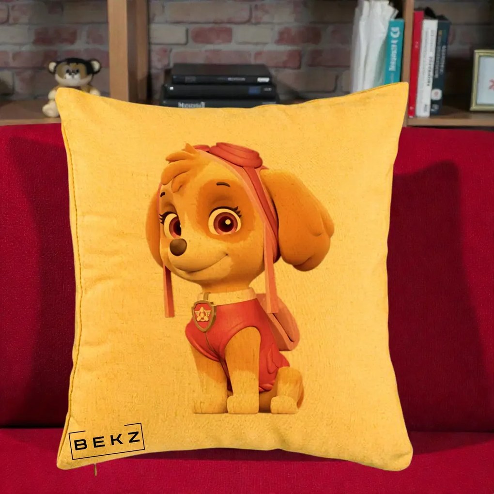 Perna Personalizata Skye PAW Patrol Roz, 40x40 cm, Galben, Husa Detasabila, Perna Inclusa, BEKZ®