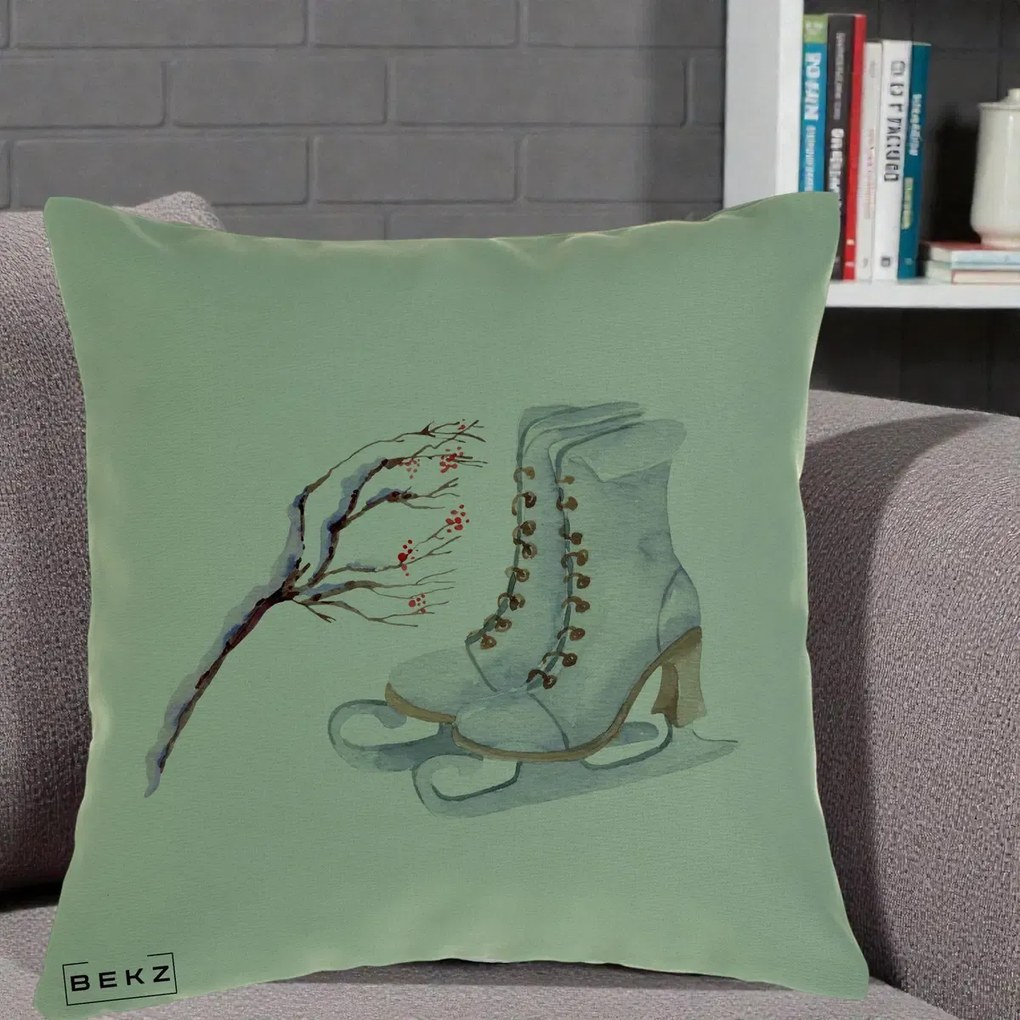 Perna Decorativa Patine cu Ramuri Inzapezite, 40x40 cm, Verde, Husa Detasabila, Perna Inclusa, BEKZ®
