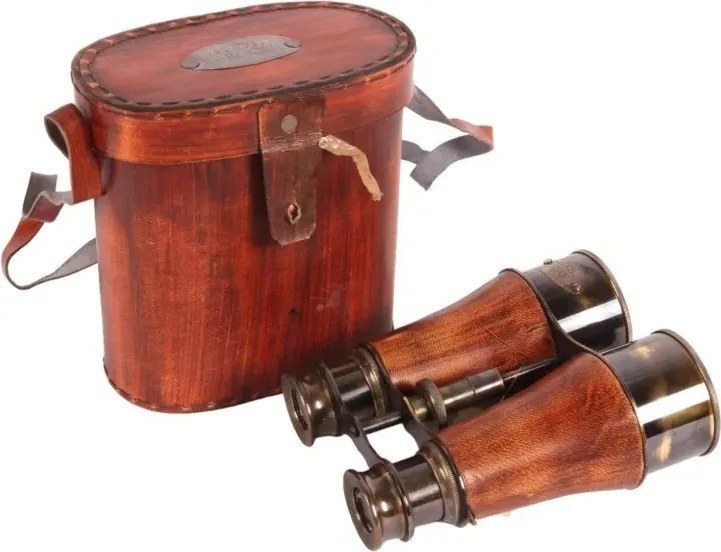 Binoclu marin decorativ din alamă și piele, maro, cu toc din piele, aspect vintage, finisaj antichizat, 14 x 14 x 8 cm, „Capitaine”