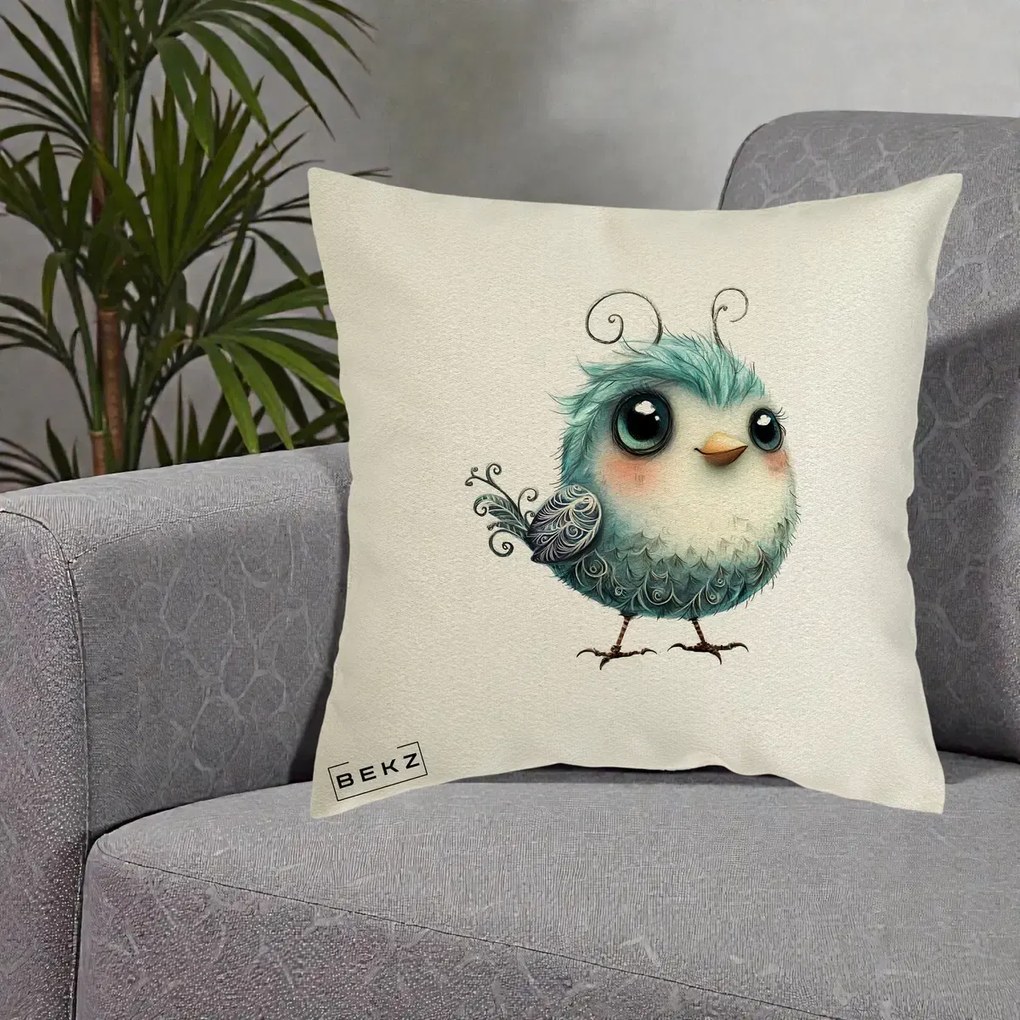 Perna Decorativa Pui Teal cu Aripioare Ornamentale, 40x40 cm, Ecru, Husa Detasabila, Perna Inclusa, BEKZ®