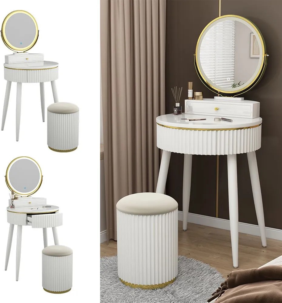 Masuta machiaj cu Oglinda LED si 1 Sertar pentru Cosmetice, Set Masa toaleta 60 cm, Alb, masuta vanity cu Riflaj, cosmetica - SEA459