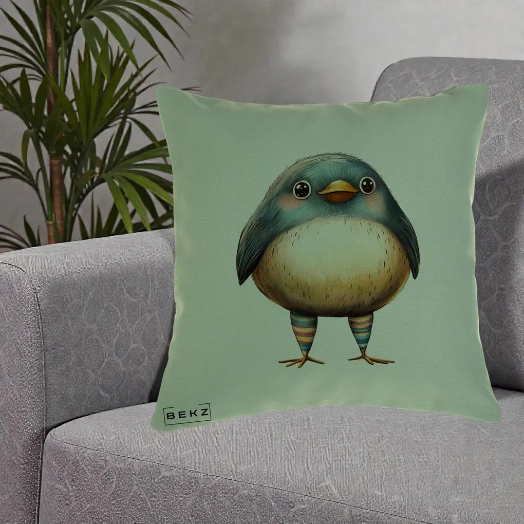 Perna Decorativa Pasare Teal-Bej cu Sosete Curcubeu, 40x40 cm, Verde, Husa Detasabila, Perna Inclusa, BEKZ®