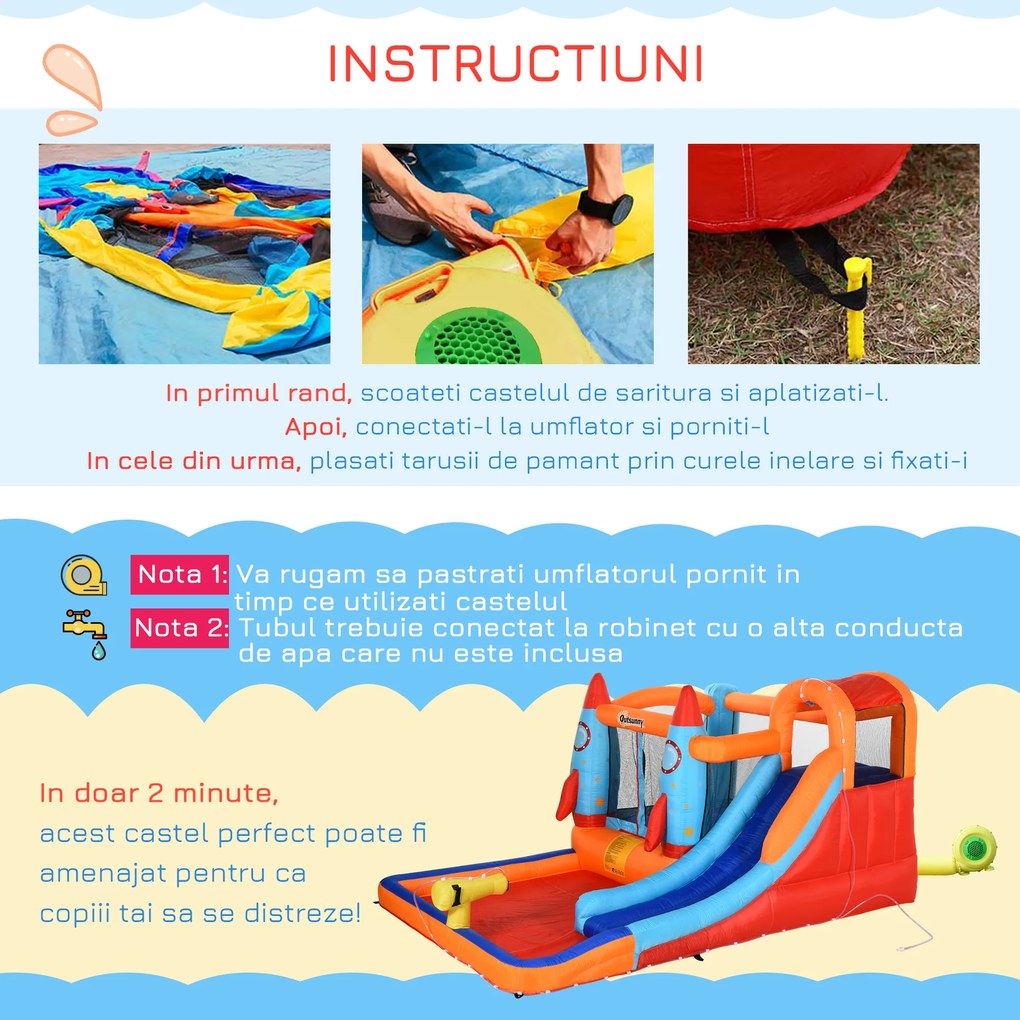 Outsunny Castel Gonflabil pentru Copii Piscina cu Tobogan si Trambulina, Pompa Electrica, 370x270x185cm, Multicolor | Aosom Romania