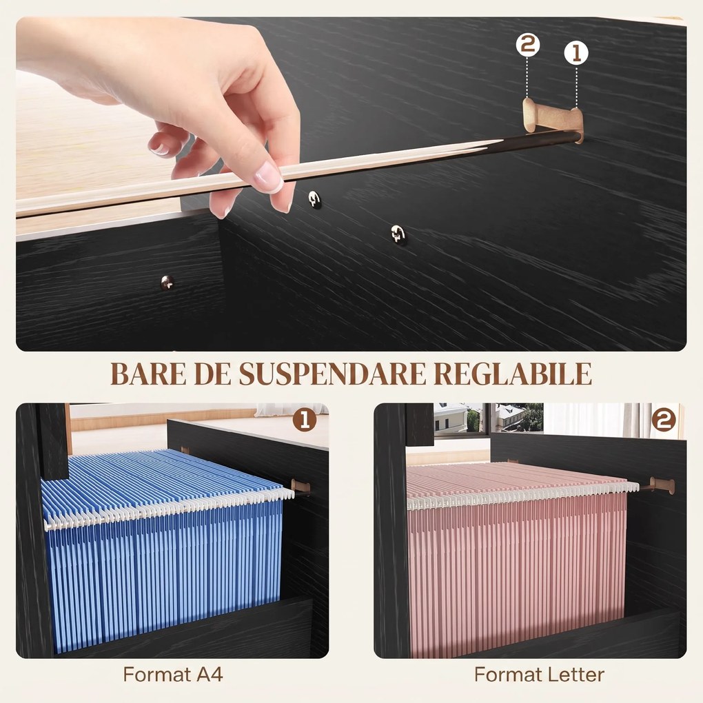 HOMCOM Dulap de Birou cu 4 Sertare, 2 Încuietori și Bare pentru Dosare Suspendate, cu Aspect de Lemn, 40x42x130,8 cm, Negru | Aosom Romania