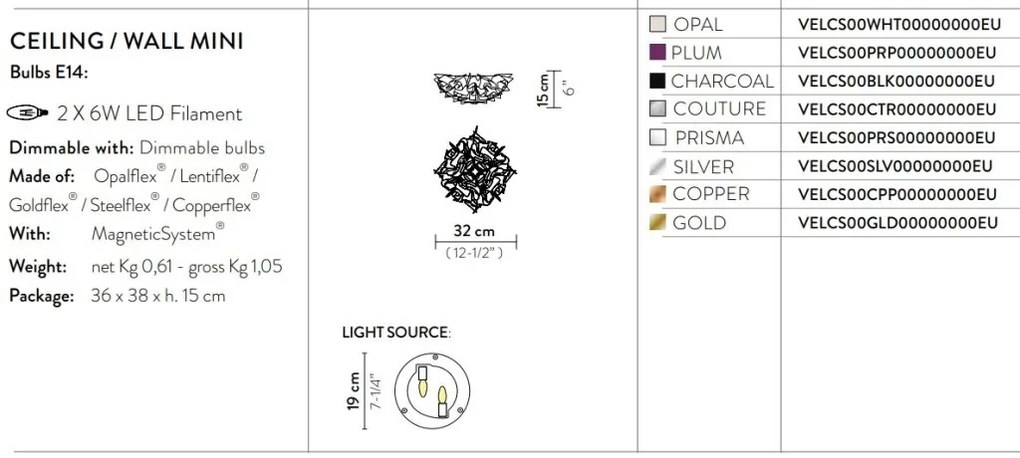 Aplica perete sau tavan design unicat realizata manual Veli Mini Opal, 32cm