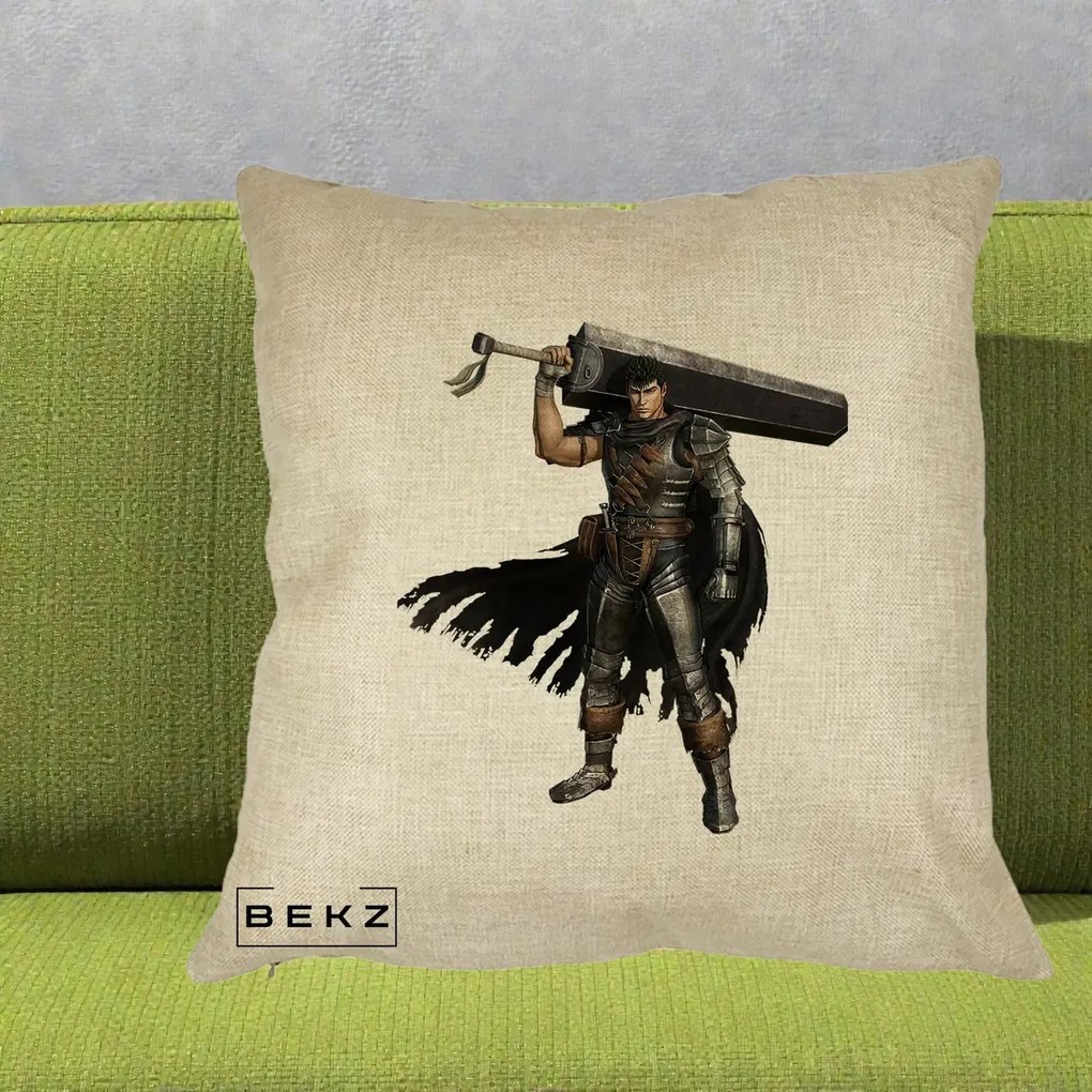Perna Personalizata Berserk Guts Luptatorul Negru, 40x40 cm, Crem, Husa Detasabila, Perna Inclusa, BEKZ®