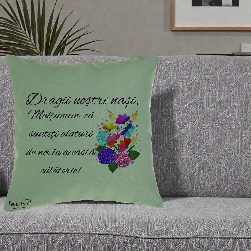 Perna personalizata nasi: Dragii nostri nasi, multumim, buchet colorat, 40x40 cm cu Umplutura, Verde, BEKZ