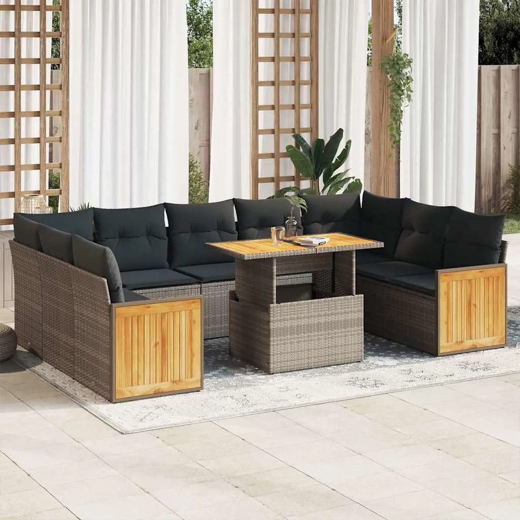 vidaXL Set mobilier de grădină cu perne, 10 piese, gri, poliratan