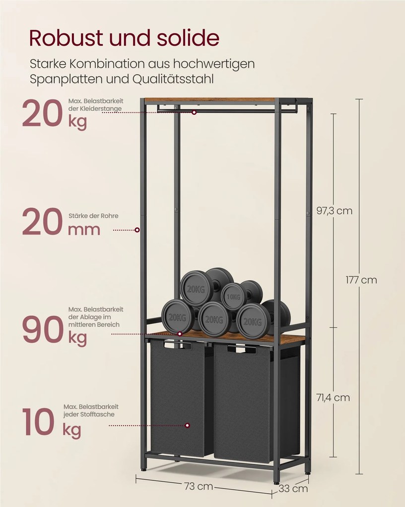 Cos de rufe negru cu doua compartimente si cuier ORGANIZA