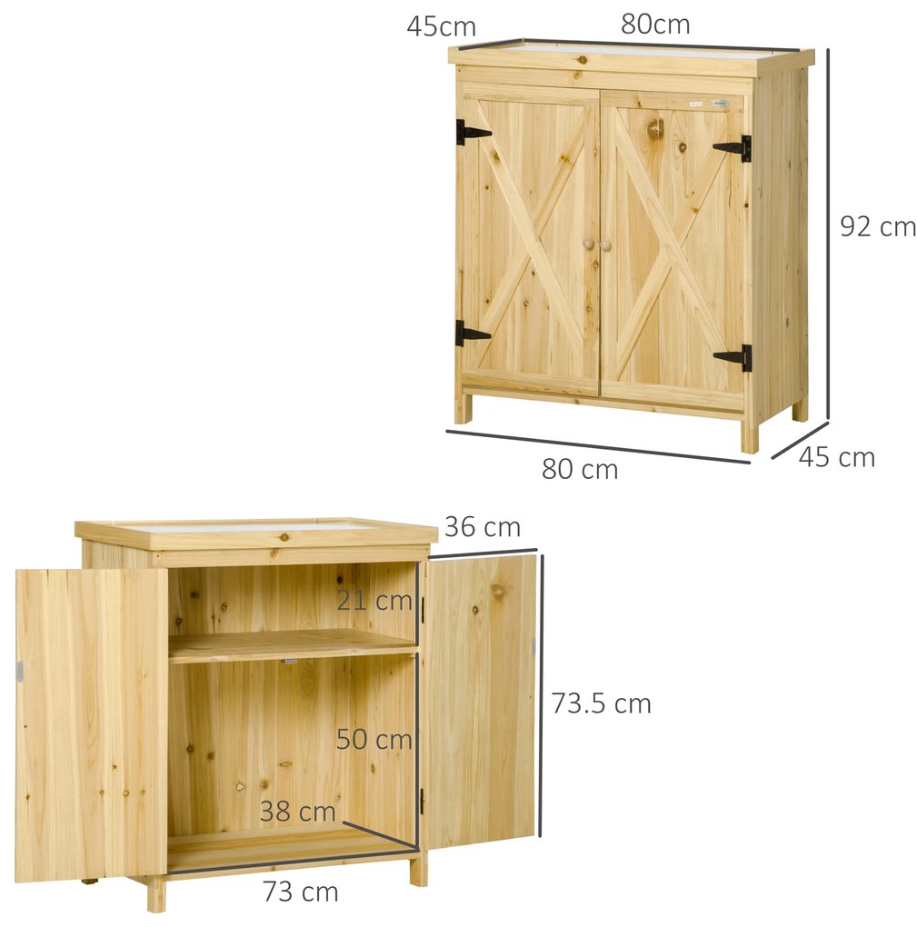 Outsunny Armoarie de grădină armoarie de depozitare de grădină tava din metal galvanizat din lemn masiv 80 x 45 x 92 cm lemn natural | Aosom Romania