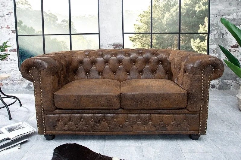 Canapea clasica stil englezesc Chesterfield 2 locuri maro antic