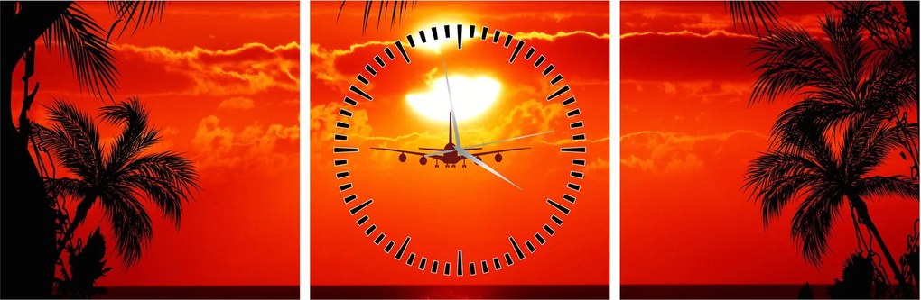 Tablou - apus de soare cu avion (cu ceas) (90x30 cm)
