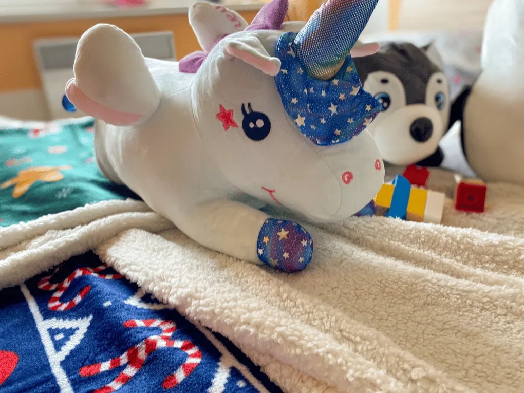 UNICORN de plus cu paturica cocolino in interior, albastru