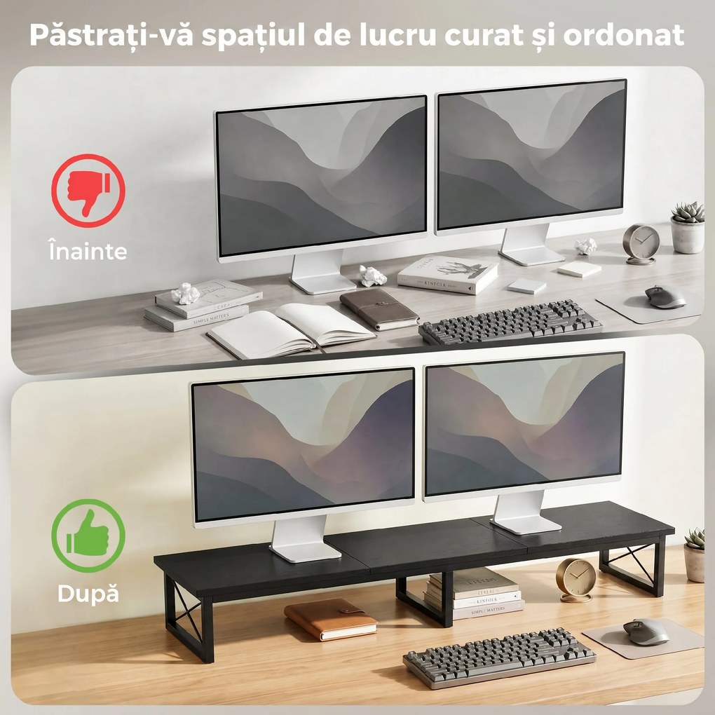 HOMCOM Suport Monitor Birou, Ridică din Lemn cu 2 Compartimente pentru Depozitare, Negru | Aosom Romania