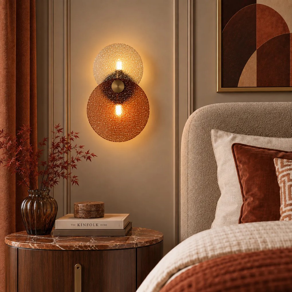 Lampă de perete Art Deco bronz închis cu sticlă chihlimbar 2 lumini - Text