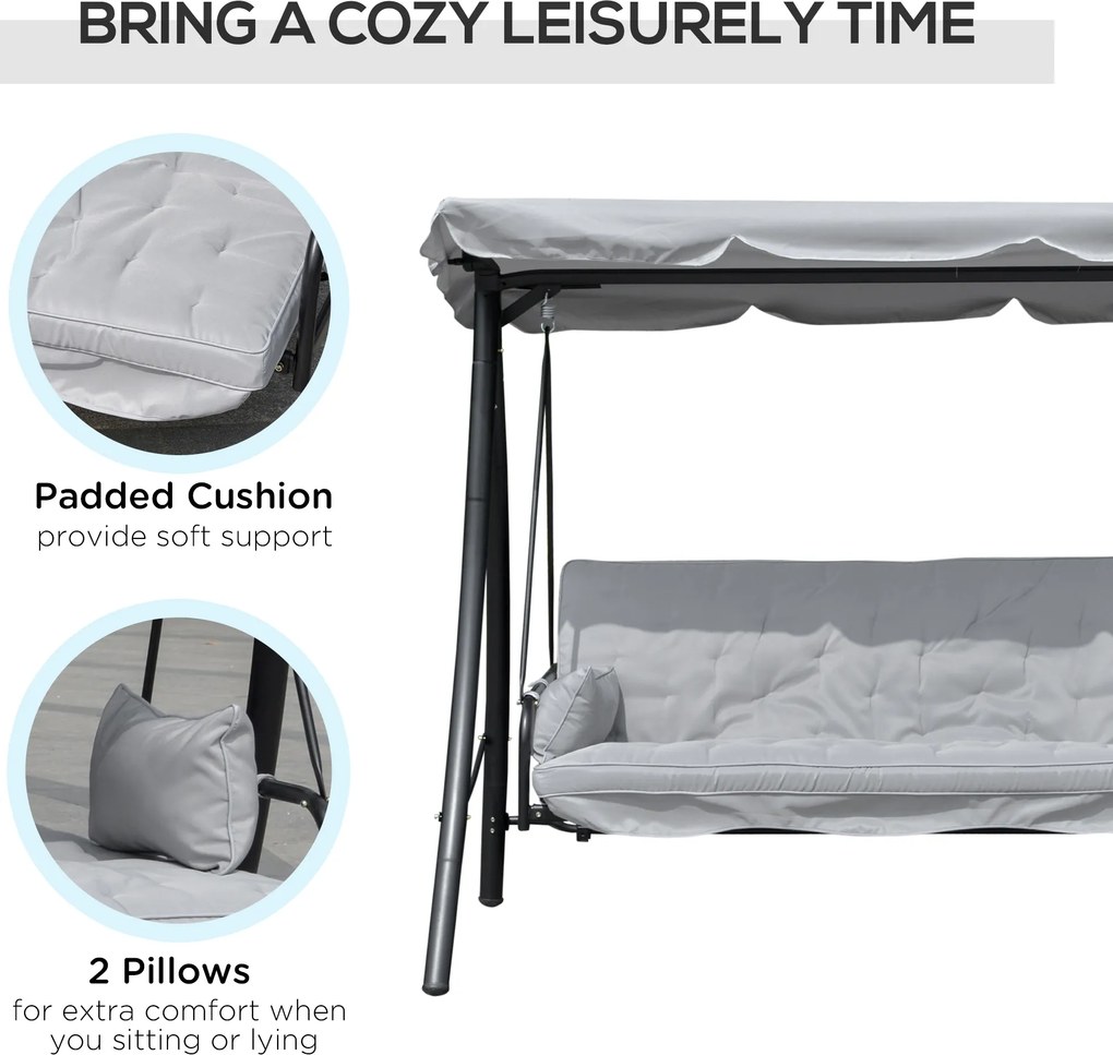 Balansoar de Gradina Outsunny 3 Locuri cu Acoperis Rabatabil Convertibil Pat Poliester Crem 209 cm x 114 cm x 170 cm