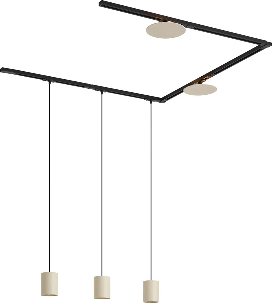 Sistem de iluminat pe șină modern negru cu 3 lămpi suspendate și 2 plafoniere bej monofazate - Iconic Holt Pulley