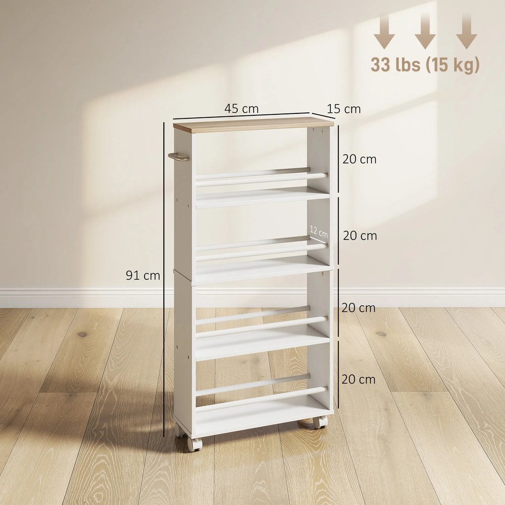 HOMCOM Raft multifuncțional cu roți, construcție îngustă, 4 compartimente, 45x15x91 cm, Lemn natural | Aosom Romania