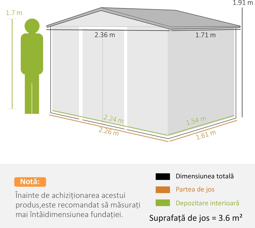 Outsunny Casută de Grădină, Magazie de Exterior pentru Unelte cu 2 Uși Culisante și 4 Prize de Aerisire, 236x174x190 cm, Gri | Aosom Romania
