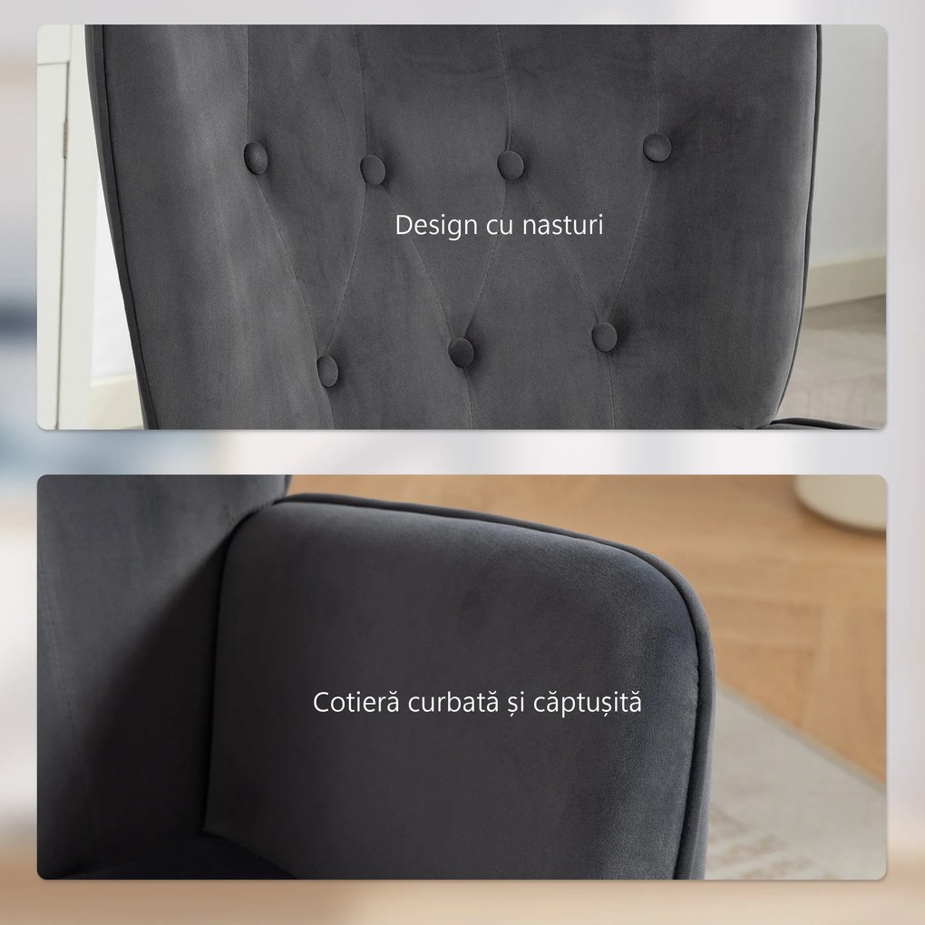 HOMCOM Fotoliu Rotativ din Catifea, Fotoliu Tapițat cu Cotiere, Funcție de Balansare și Înălțime Reglabilă, pentru Living, Gri Închis | Aosom Romania