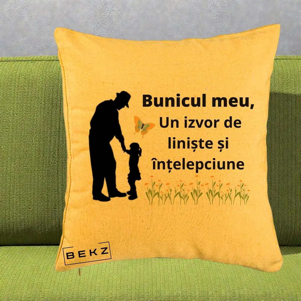 Cadou pentru Bunic - Perna Personalizata Bunicul Meu Izvor de Liniste cu Fluture si Fetita, 40x40 cm, Galben, Husa Detasabila, Perna Inclusa, BEKZ®