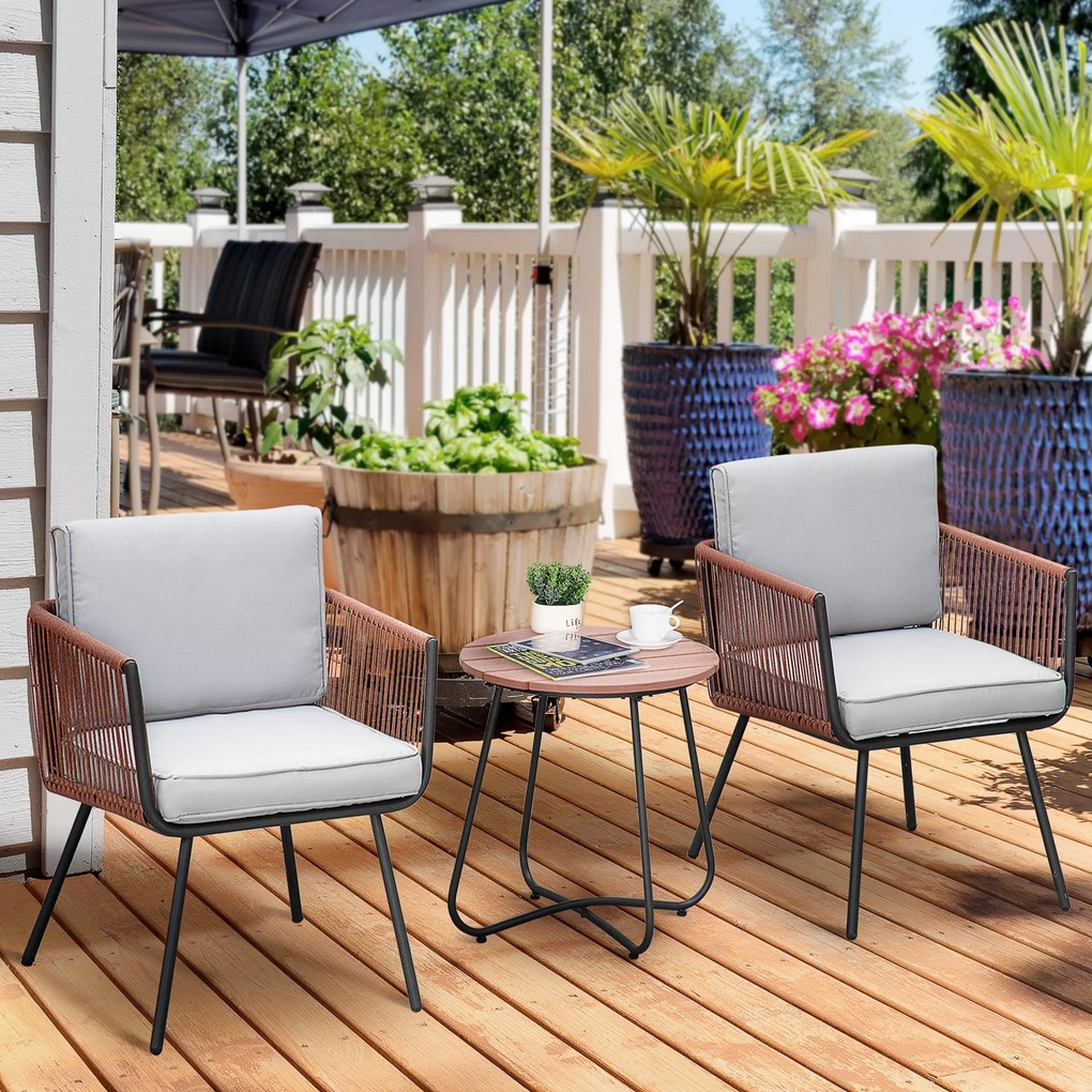 Outsunny Set Mobilier Grădină 3 Piese din Rășină Împletită, 2 Fotolii și Masă, Perne Incluse, Gri/Portocaliu | Aosom Romania