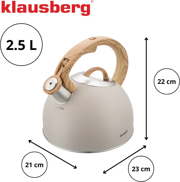 Ceainic cu fluier Klausberg KB 7913, 2.5 L, Maner cu efect de lemn, Inductie, Bej